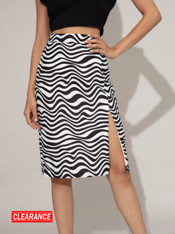 Twenty Dresses by Nykaa Fashion - Black And White Wave Printed Pencil Skirt