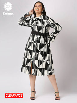 Twenty Dresses by Nykaa Fashion - Curve Black And White Geometric Work Midi Dress