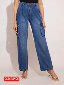 Twenty Dresses by Nykaa Fashion - Mid Blue High Waist Baggy Cargo Denim