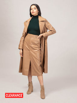 Twenty Dresses by Nykaa Fashion - Beige Solid Midi Faux Leather Overcoat With Belt