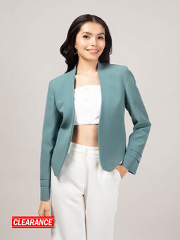 Twenty Dresses by Nykaa Fashion - Work Green Solid Collarless High Low Crop Blazer