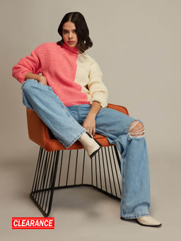 Twenty Dresses by Nykaa Fashion - Pink and White Colorblock Oversized Sweater