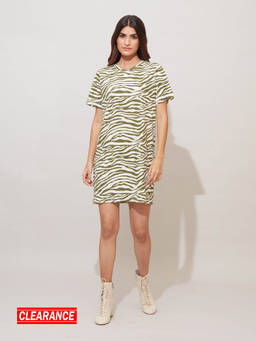 Twenty Dresses by Nykaa Fashion - Green And White Animal Print Short T-shirt Dress