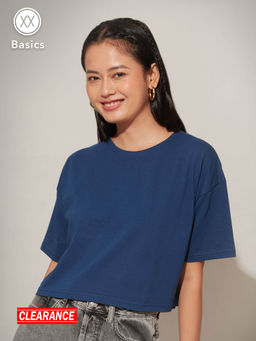 Twenty Dresses by Nykaa Fashion - Basics Navy Blue Solid Round Neck Loose Crop T-shirt