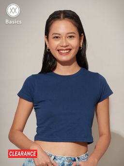 Twenty Dresses by Nykaa Fashion - Basics Navy Blue Solid Round Neck Fitted Crop T-shirt
