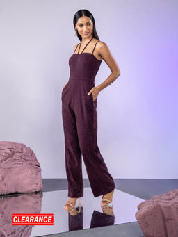 Twenty Dresses by Nykaa Fashion - Wine Sweetheart Neck Strappy Shimmer Jumpsuit