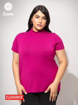 Twenty Dresses by Nykaa Fashion - Curve Magenta High Neck Short Sleeves Basics Tshirt