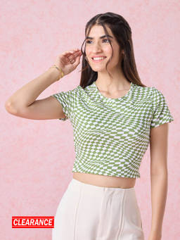 Twenty Dresses by Nykaa Fashion - Green And White Round Neck Checks Crop T-shirt
