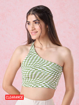 Twenty Dresses by Nykaa Fashion - Green And White One Shoulder Checks Crop T-shirt