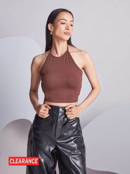 Twenty Dresses by Nykaa Fashion - Brown Halter Neck Crop T-shirt