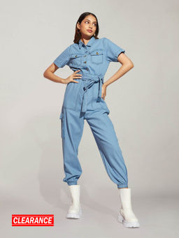Twenty Dresses by Nykaa Fashion - Blue Half Sleeves Denim Jumpsuit (Set of 2)