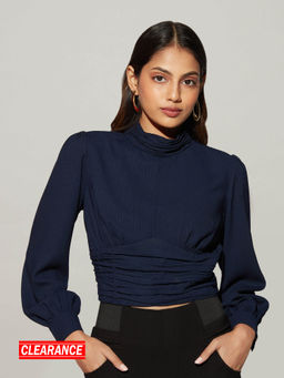 Twenty Dresses by Nykaa Fashion - Work Navy Blue Self Design High Neck Crop Top