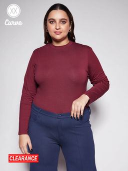 Twenty Dresses by Nykaa Fashion - Curve Wine Solid High Neck Basics Bodysuit