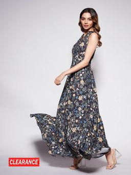 Twenty Dresses by Nykaa Fashion - Black And Multicolor V Neck Floral Maxi Dress