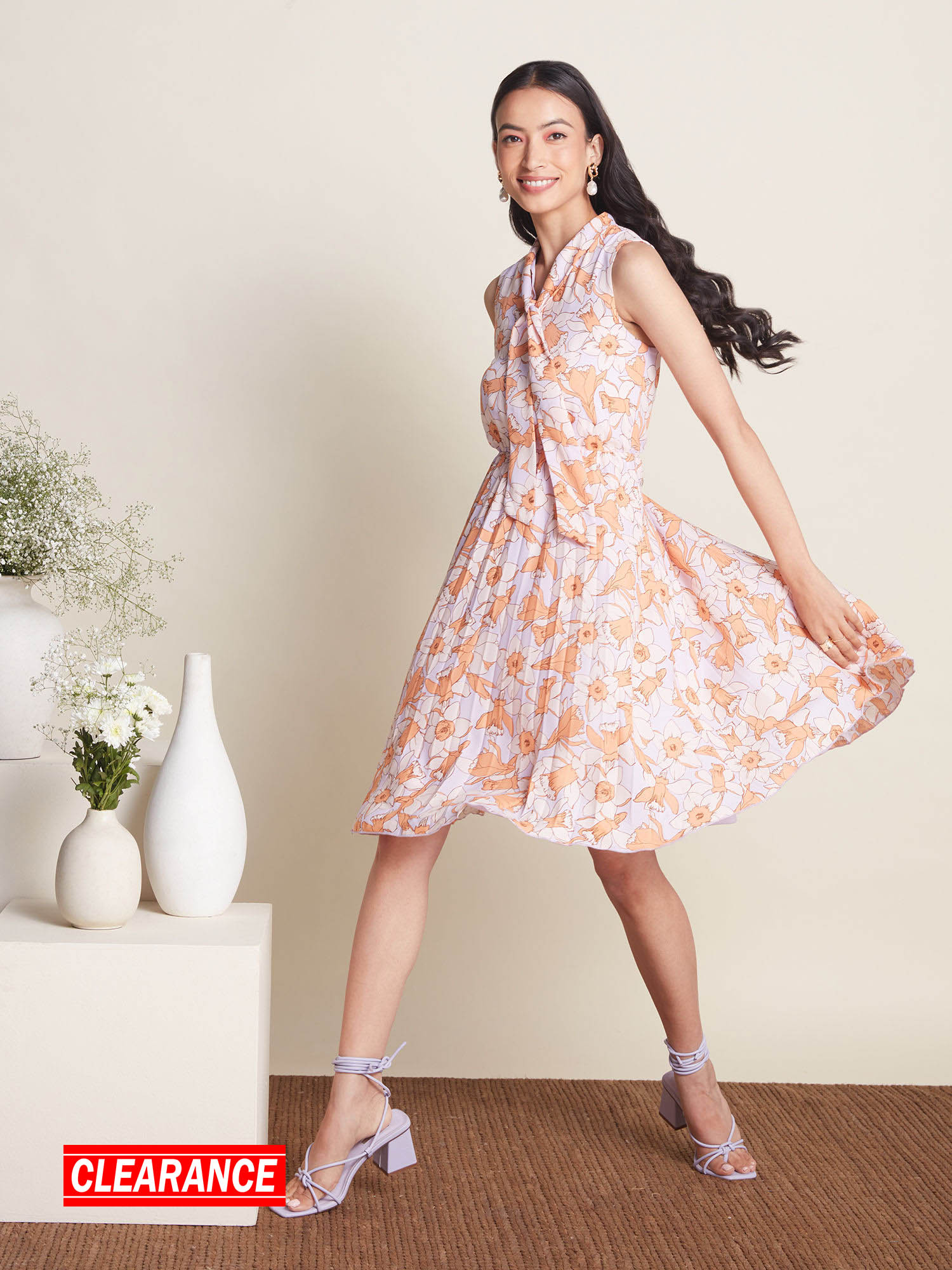 Work Lavender And Orange Floral A Line Knee Length Dress-picture-37