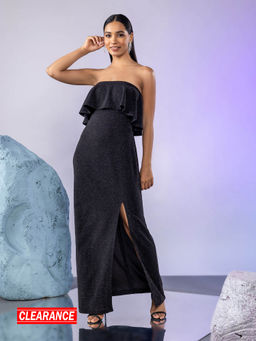 Twenty Dresses by Nykaa Fashion - Black Tube Neck Ruffle Layered Shimmer Gown