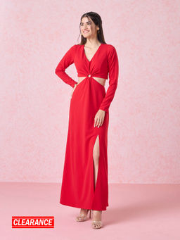 Twenty Dresses by Nykaa Fashion - Red V Neck Cut Out Gown