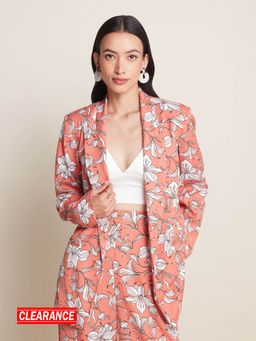 Twenty Dresses by Nykaa Fashion - Work Rust And White Floral Printed Notched Longline Blazer