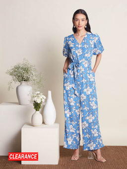 Twenty Dresses by Nykaa Fashion - Work Blue And White Floral V Neck Wide Leg Jumpsuit (Set of 2)