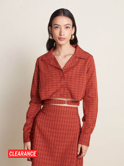 Twenty Dresses by Nykaa Fashion - Work Rust Self Design Resort Collar Crop Tie Up Shirt
