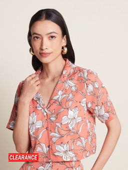 Twenty Dresses by Nykaa Fashion - Work Rust And White Floral Printed Resort Collar Crop Shirt