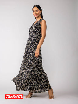 Twenty Dresses by Nykaa Fashion - Black And Multicolor V Neck Floral Casual Maxi Dress