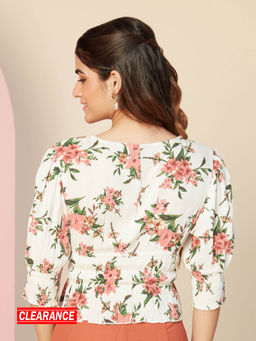 Twenty Dresses by Nykaa Fashion - White Floral Printed Square Neck Peplum Top