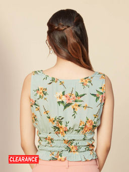 Twenty Dresses by Nykaa Fashion - Green Floral Printed Round Neck Sleeveless Peplum Top