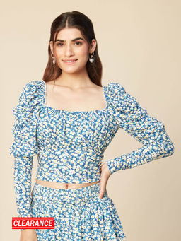 Twenty Dresses by Nykaa Fashion - Blue Floral Printed Square Neck Peplum Top