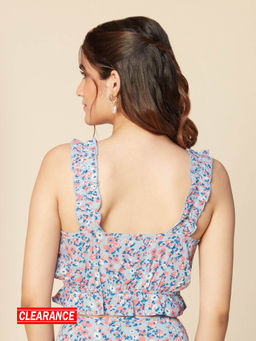 Twenty Dresses by Nykaa Fashion - Blue Floral Printed Square Neck Ruffled Short Top