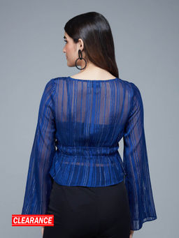 Twenty Dresses by Nykaa Fashion - Midnight Blue Striped Bell Sleeves Crop Top