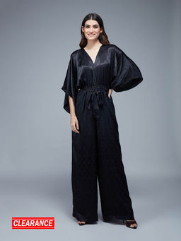 Twenty Dresses by Nykaa Fashion - Black Jacquard V Neck Wide Leg Jumpsuit With Belt