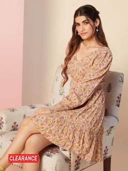 Twenty Dresses by Nykaa Fashion - Beige Floral Printed V Neck Fit And Flare Tiered Dress