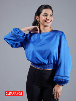 Twenty Dresses by Nykaa Fashion - Cobalt Blue Solid Round Neck Blouson Crop Top