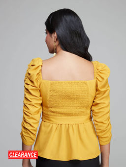 Twenty Dresses by Nykaa Fashion - Yellow Puff Sleeves Solid Top With Belt