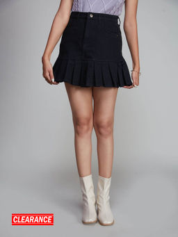 Twenty Dresses by Nykaa Fashion - Black a Line Box Pleat Short Denim Skirt