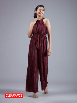 Twenty Dresses by Nykaa Fashion - Burgundy Shimmer Round Neck Strap Wide Leg Jumpsuit (Set of 2)
