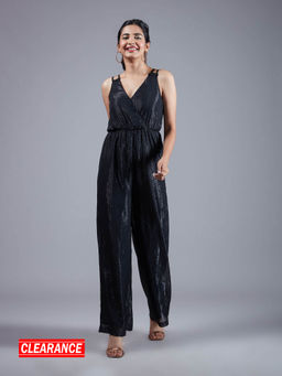 Twenty Dresses by Nykaa Fashion - Black Shimmer Double Strap Wide Leg Jumpsuit