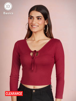 Twenty Dresses by Nykaa Fashion - Basics Burgundy Solid Ribbed Tie Up Crop Tshirt