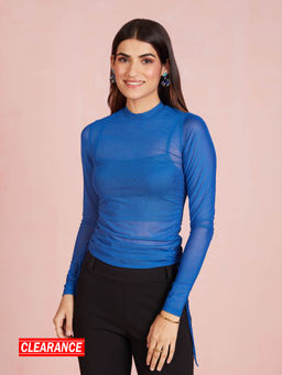 Twenty Dresses by Nykaa Fashion - Blue High Neck Full Sleeves Sheer Top