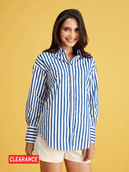 Twenty Dresses by Nykaa Fashion - Navy Blue And White Striped Full Sleeves Cotton Shirt