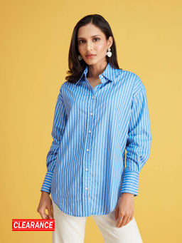 Twenty Dresses by Nykaa Fashion - Blue And White Striped Full Sleeves Cotton Shirt