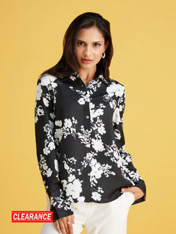 Twenty Dresses by Nykaa Fashion - Black And White Floral Print Satin Shirt