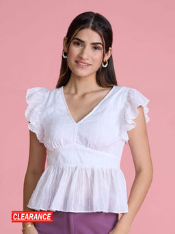 Twenty Dresses by Nykaa Fashion - White Solid V Neck Short Peplum Top