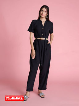 Twenty Dresses by Nykaa Fashion - Black Solid Mandarin Collar Everyday Jumpsuit (Set of 2)