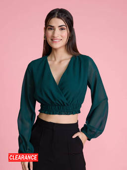 Twenty Dresses by Nykaa Fashion - Green Solid Overlapping Neck Crop Top