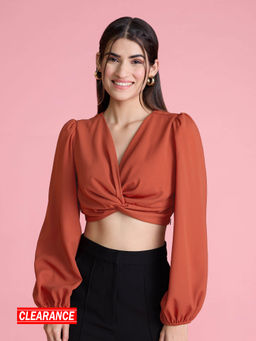 Twenty Dresses by Nykaa Fashion - Rust Full Sleeves V Neck Crop Top
