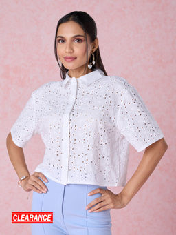 Twenty Dresses by Nykaa Fashion - White Boxy Short Sleeves Schiffli Shirt