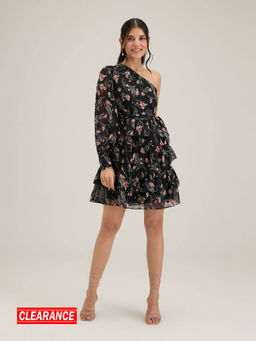 Twenty Dresses by Nykaa Fashion - Black One Shoulder Floral Short Dress