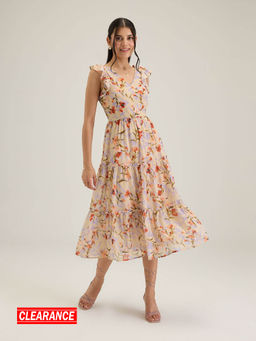 Twenty Dresses by Nykaa Fashion - Twenty Dresses by Nykaa Fashion Light Yellow V Neck Floral Midi Dress